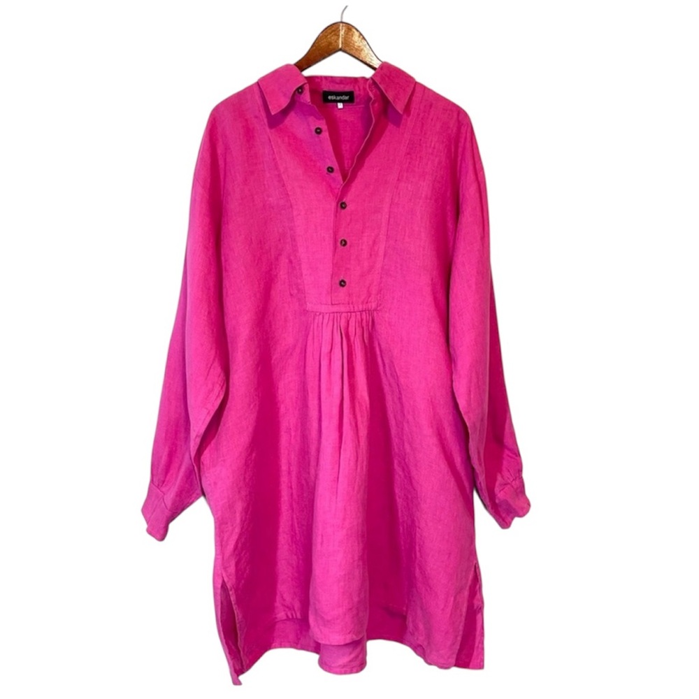 VTG Eskandar Sz 2 Bright Pink 100% Linen Oversized Collared Tunic Shirt Dress